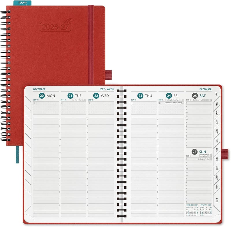 BEZEND A5 Diary 2026-2027 Week to View Academic Year 18 Month Runs Jul'26 - Dec'27, Vertical Weekly Planner with Time Slots, Monthly Tabs & Ruler Bookmark, PU Leather Softcover, Red - Image 1