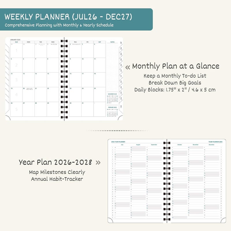 BEZEND A5 Diary 2026-2027 Week to View Academic Year 18 Month Runs Jul'26 - Dec'27, Vertical Weekly Planner with Time Slots, Monthly Tabs & Ruler Bookmark, PU Leather Softcover, Red - Image 3