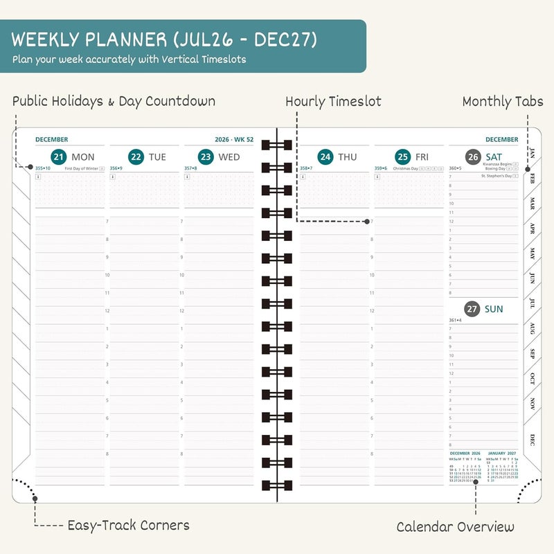 BEZEND A5 Diary 2026-2027 Week to View Academic Year 18 Month Runs Jul'26 - Dec'27, Vertical Weekly Planner with Time Slots, Monthly Tabs & Ruler Bookmark, PU Leather Softcover, Red - Image 2