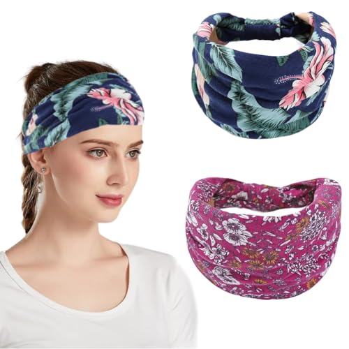 Hodaqe Headbands for Women Bohemian Head Bands Premium Stretchy Hair Accessories,Wear for Yoga, Fashion, Working Out, Travel or Running (Blue+Red,2 Pcs) (Blue+Red, Uniform size) - Image 1