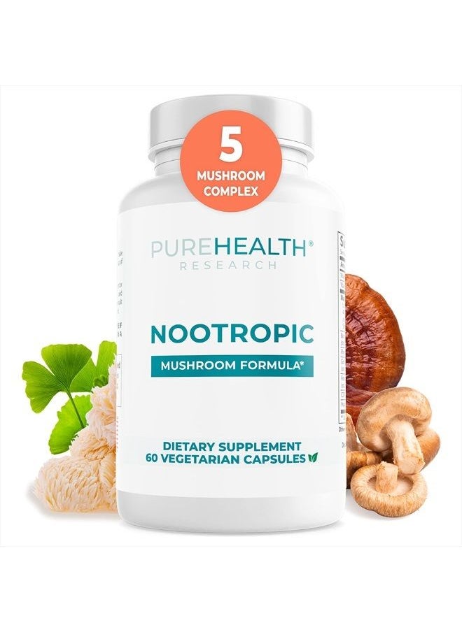 PureHealth Research - Nootropics Brain Support Supplement - Lions Mane, Shiitake, Chaga, Reishi Mushroom Powder - Enhance Memory and Improve Cognitive Health with Bacopa Monnieri and Gingko Biloba Extract Capsules, 60ct - Image 1
