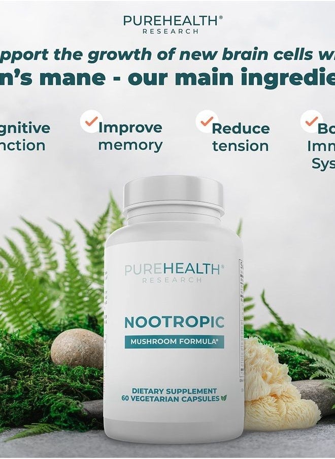 PureHealth Research - Nootropics Brain Support Supplement - Lions Mane, Shiitake, Chaga, Reishi Mushroom Powder - Enhance Memory and Improve Cognitive Health with Bacopa Monnieri and Gingko Biloba Extract Capsules, 60ct - Image 1