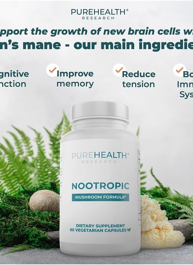 PureHealth Research - Nootropics Brain Support Supplement - Lions Mane, Shiitake, Chaga, Reishi Mushroom Powder - Enhance Memory and Improve Cognitive Health with Bacopa Monnieri and Gingko Biloba Extract Capsules, 60ct - Image 1