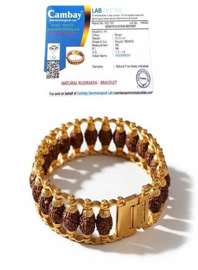 GEMTUB Original 5 Mukhi Golden Rudraksha Bracelet for Men & Women 6mm Natural Rudraksha Beads Unisex Hand Bracelet for Meditation Prayer Healing Spiritual Wellness With Lab Certificate - Image 1