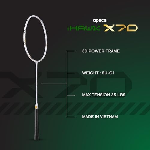 Apacs iHawk X70 (Unstrung) Full Graphite Ultra Strong Carbon Fibre (75-79g) | 35 LBS Max Tension | 3D Power Frame | Made in Vietnam Badminton Racket with Full Cover (White) (All Rounder) - Image 3