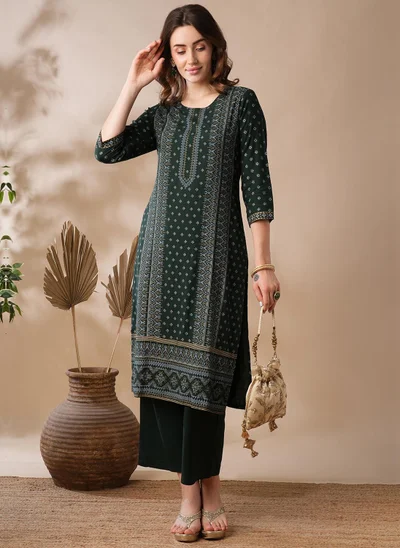 جلو باص Globus Women Teal Green Ethnic Motifs Printed Straight Kurta With Trousers Workwear Set