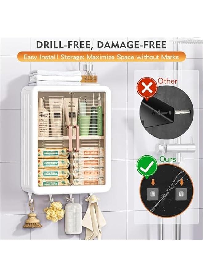 HOOKOR 3 Tier Bathroom Kitchen Wall Mounted Shelves Rack with Hooks Bar Wall Storage Cabinet,White Kitchen Wall Organizer, No-Trace No Drilling Spice Rack Cosmetic Organiser for Bathroom Kitchen - Image 2