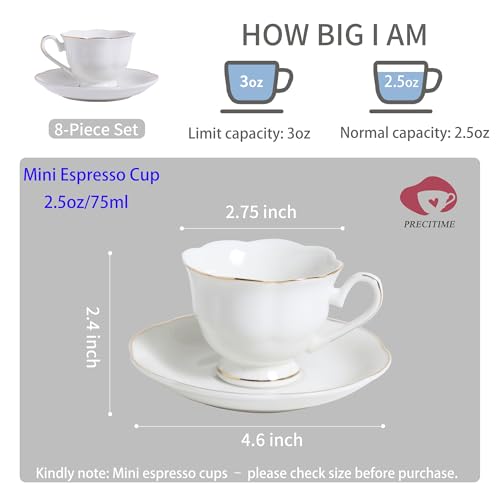 PRECITIME White Porcelain 75ml Demitasse Set of 8 (16-Piece) - 2.5oz Espresso Cups & Saucers, Elegant White & Gold Trim Coffee Set for Turkish Coffee, After Dinner, Gift Giving - Image 2