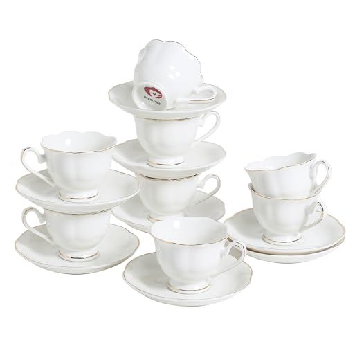 PRECITIME White Porcelain 75ml Demitasse Set of 8 (16-Piece) - 2.5oz Espresso Cups & Saucers, Elegant White & Gold Trim Coffee Set for Turkish Coffee, After Dinner, Gift Giving - Image 1