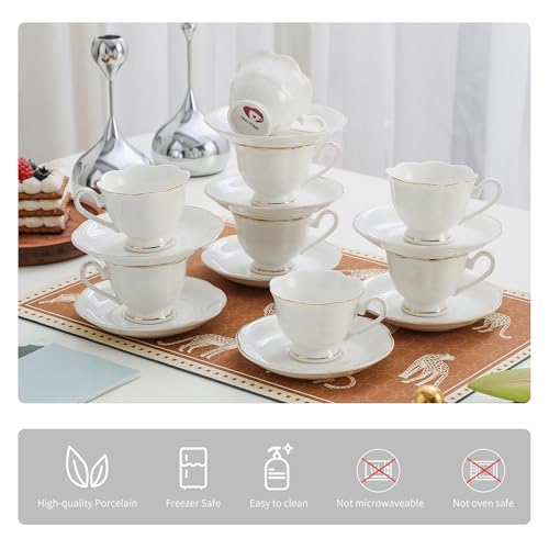 PRECITIME White Porcelain 75ml Demitasse Set of 8 (16-Piece) - 2.5oz Espresso Cups & Saucers, Elegant White & Gold Trim Coffee Set for Turkish Coffee, After Dinner, Gift Giving - Image 4