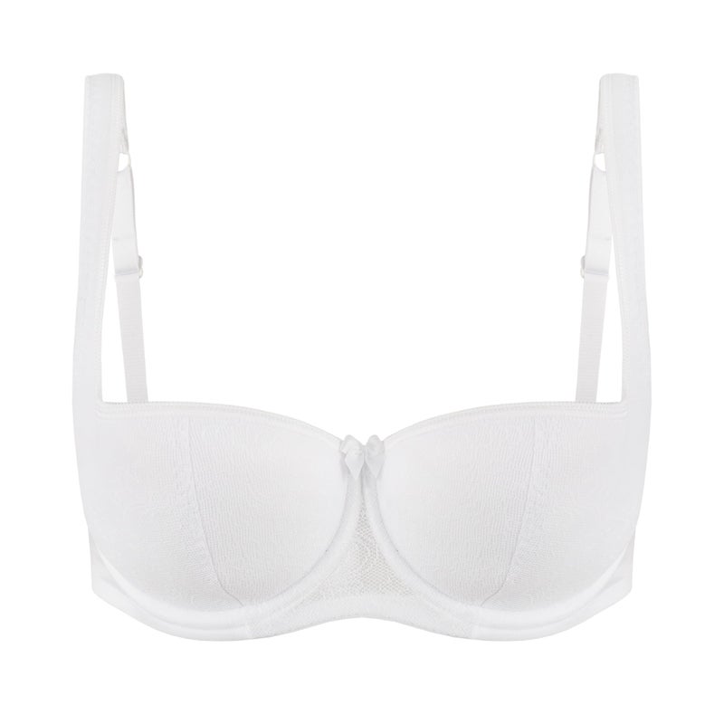 Rosme Women's Balconette Bra with Push Up Effect – Plus Size Sexy Lace Demi Half Cup Bra – Lightly Padded Underwired Low Cut Mesh Design Grand, White, Size 32C - Image 3
