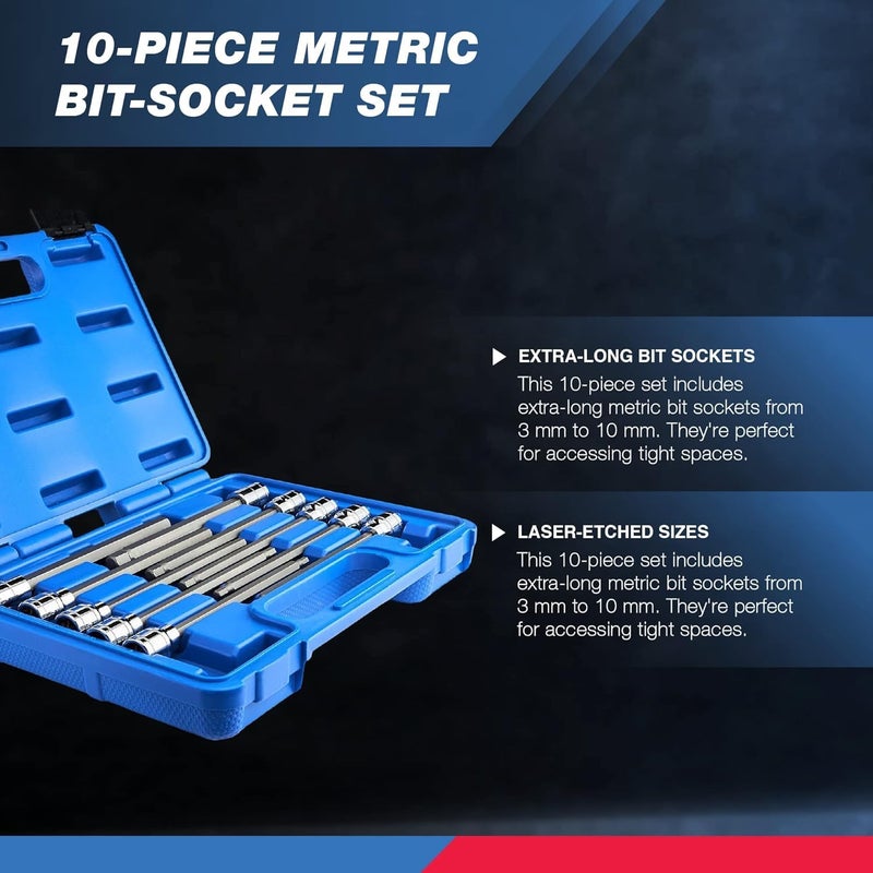 Neiko Neiko 10077A 3/8” Drive Metric Extra Long Allen Hex Bit Socket Set | 10 Pieces | Sizes 3mm – 10mm | Shaft Length 6” | Premium S2 Steel Bits | Heavy Duty Cr-V Sockets | Exceeds ANSI Standards  - Image 3