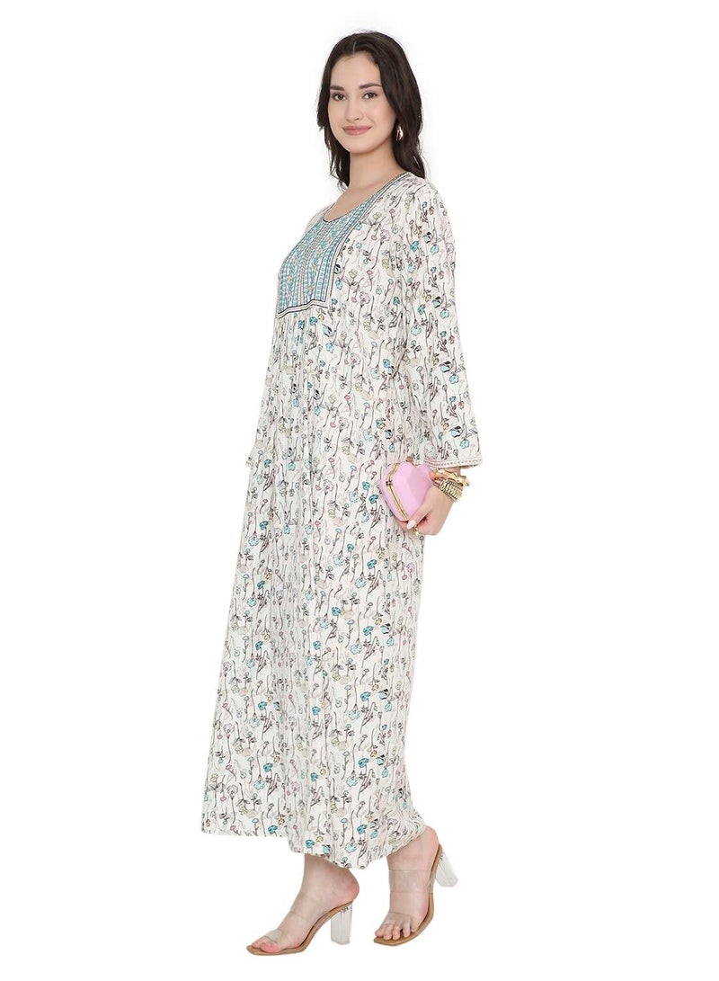 HANA & SARA Off-White Floral Print Arabic Jalabiya Dress with Embroidered Yoke - Image 5