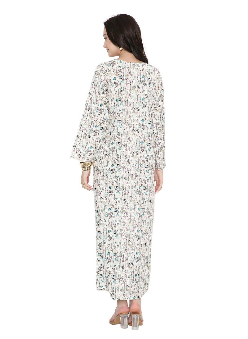 HANA & SARA Off-White Floral Print Arabic Jalabiya Dress with Embroidered Yoke - Image 2
