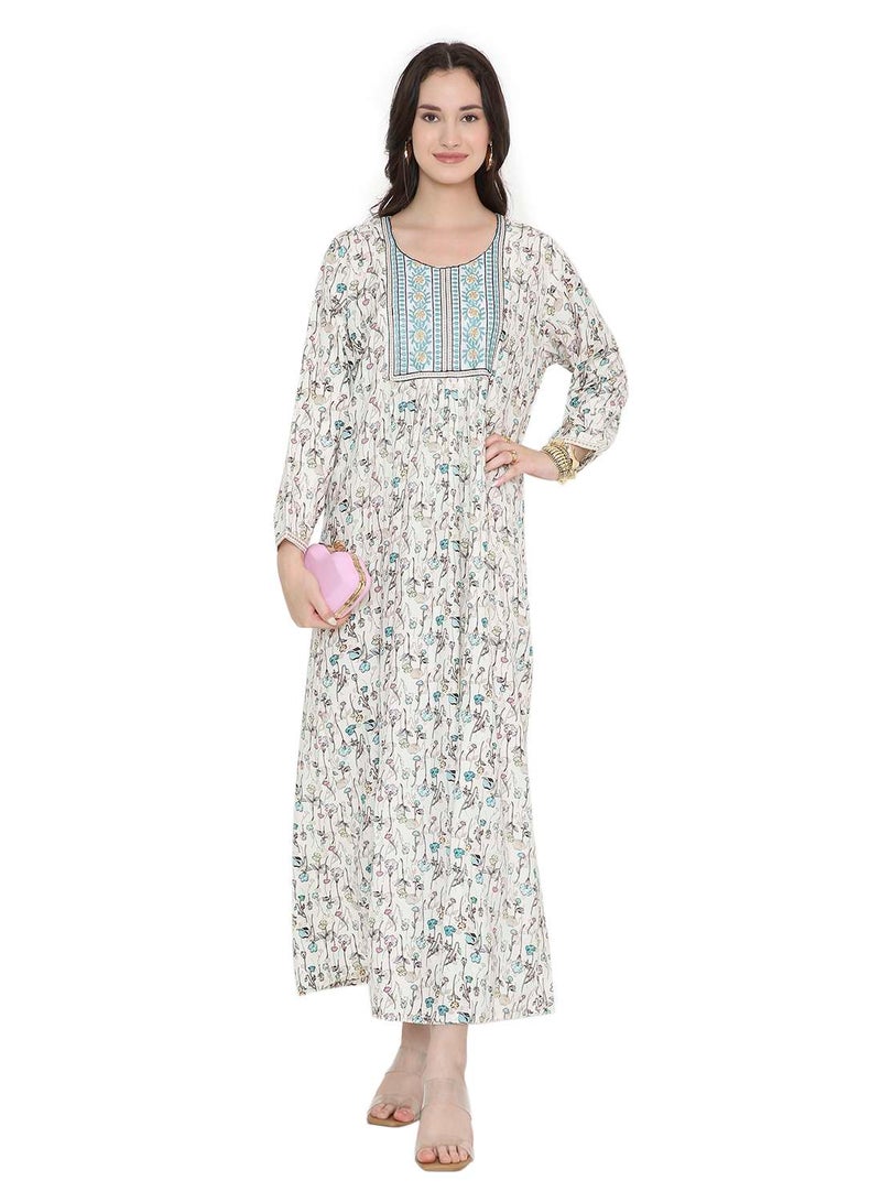 HANA & SARA Off-White Floral Print Arabic Jalabiya Dress with Embroidered Yoke - Image 1