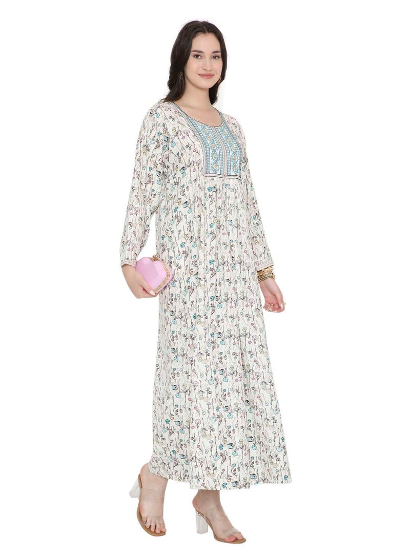 HANA & SARA Off-White Floral Print Arabic Jalabiya Dress with Embroidered Yoke - Image 4