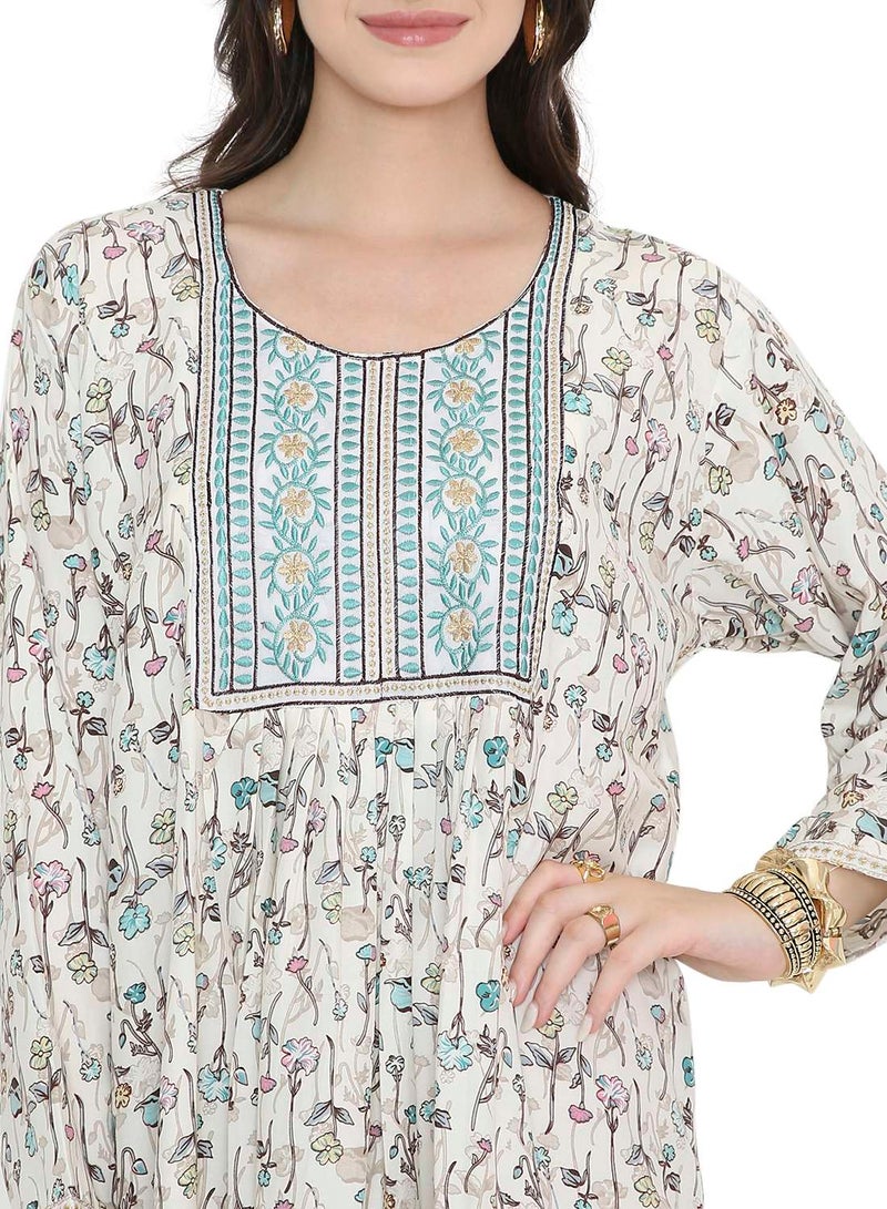 HANA & SARA Off-White Floral Print Arabic Jalabiya Dress with Embroidered Yoke - Image 3
