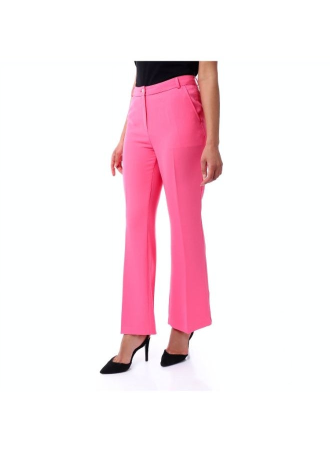 Esla Fushcia Plain Flare Fit Fly Zipper Button Classic Trousers with Pockets  - Image 3