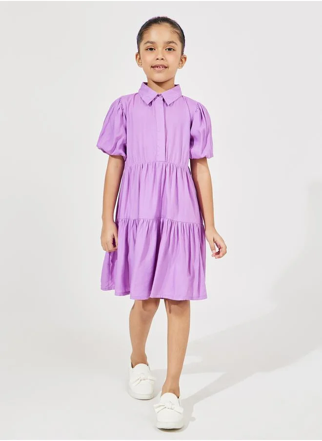 Styli Solid Shirt Dress with Button Placket