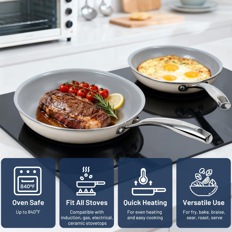 Kikcoin Non Stick Frying Pans with Lid, 3 Pack Ceramic Frying Pan for Cooking, 8+9.5+11 Inch Omelette Pans Set with Stay Cool Handle, Induction Ready, Free of PFAS PFOA PTFE, Oven/Dishwasher Safe - Image 4