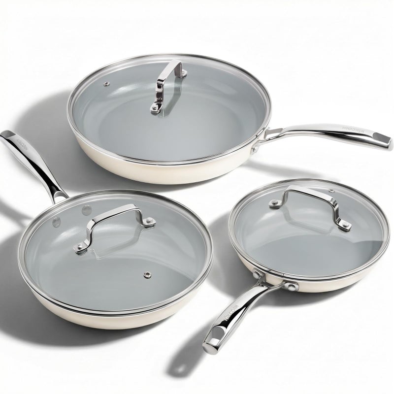 Kikcoin Non Stick Frying Pans with Lid, 3 Pack Ceramic Frying Pan for Cooking, 8+9.5+11 Inch Omelette Pans Set with Stay Cool Handle, Induction Ready, Free of PFAS PFOA PTFE, Oven/Dishwasher Safe - Image 1