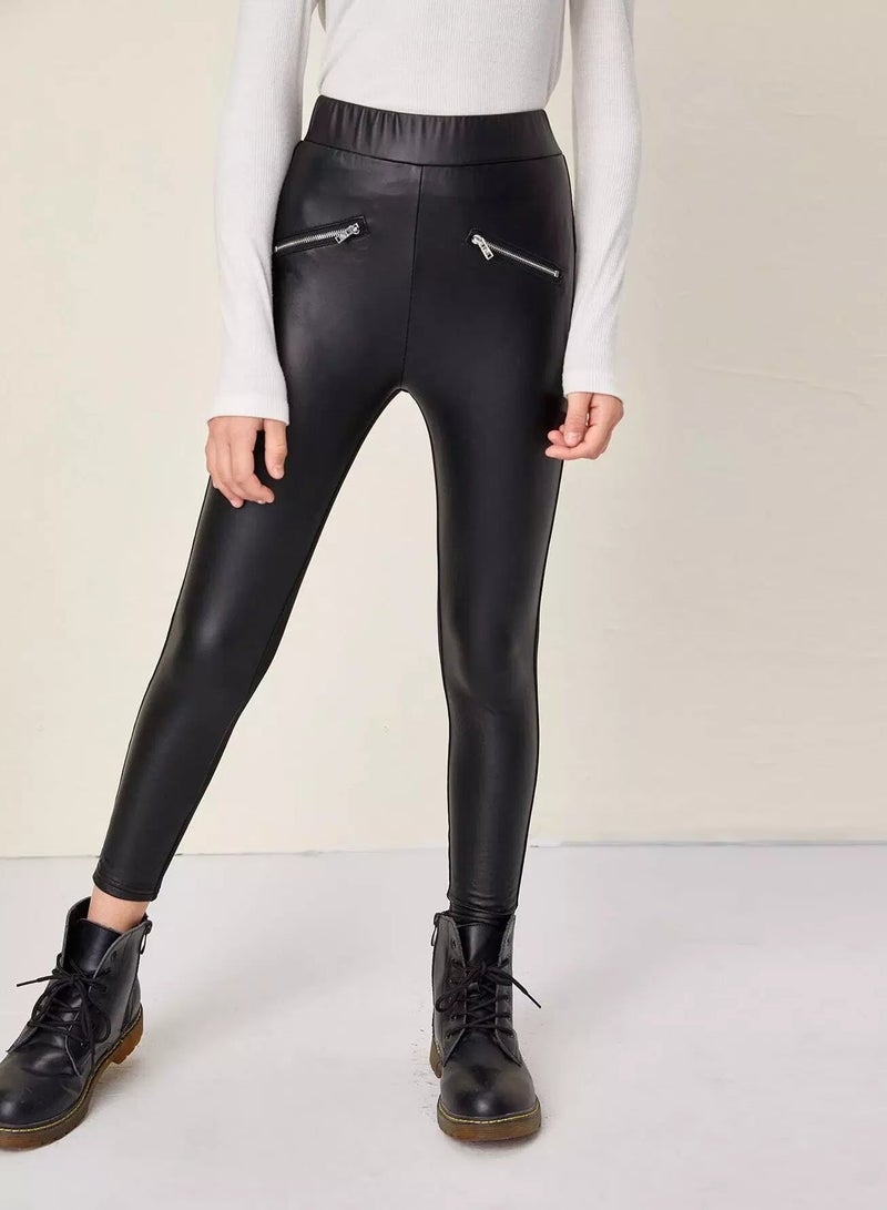 Girls Zip Front PU Leather Pants  - Image 1