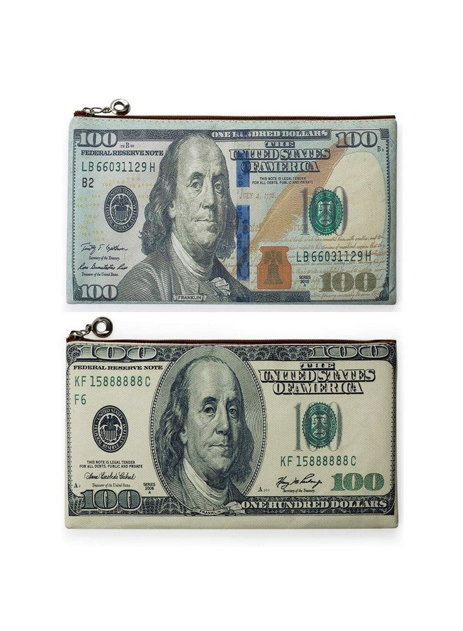 FM FM42 100 Bank Note 2Pcs Small Canvas Bag With Inner Lining Brown Zipper 20Cm*11.5Cm(7.87"*4.52") Storage Pouch Hundred Dollar Bill Print - Image 1