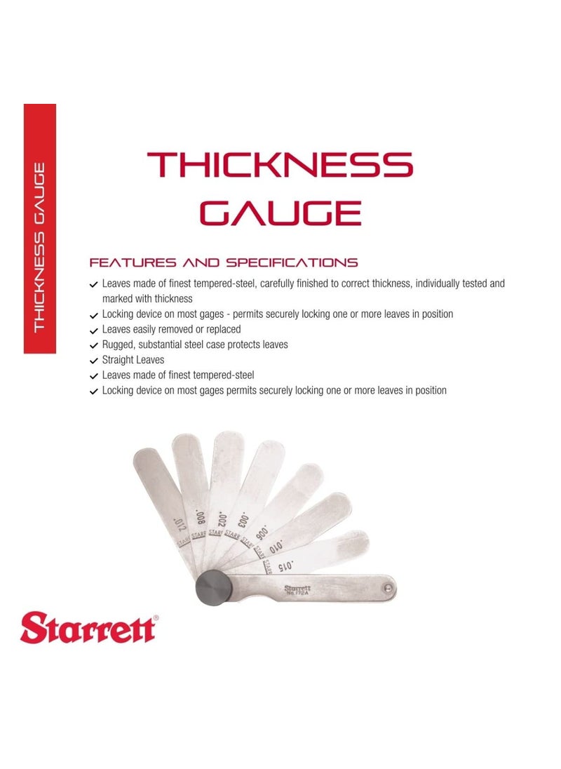 Starrett Starrett Tempered Steel Thickness Gage with Straight Leaves Locking Device Rugged and Substanial Steel Case  00015 0015 Range 9 Leaves  172A  - Image 2
