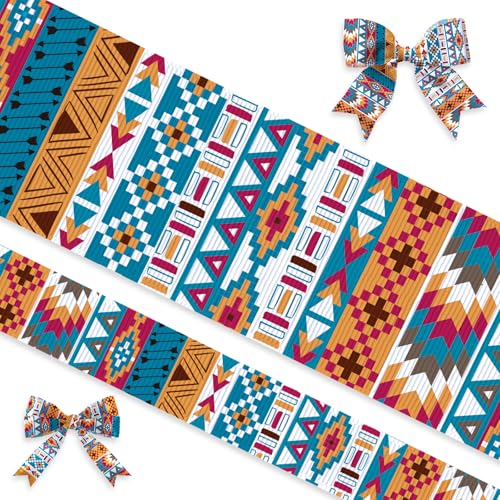 Habbiful 2 Rolls 10 Yards Aztec Grosgrain Ribbons for Gift Wrapping DIY Crafts 7/8 Inch 3/8 Inch Vintage Southwestern Boho Ribbon for Wreath Hair Bows Birthday Party Home Decoration - Image 1