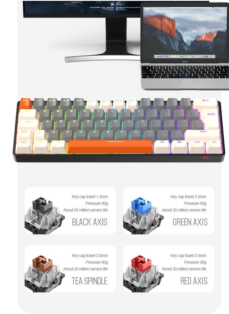 62 Keys Colorful Lights Switch Mechanical Gaming Keyboard 75% Mini Wired Waterproof Backlit Silent White RGB Color Suitable for PC/Ps4/Xbox Gamers - Image 3