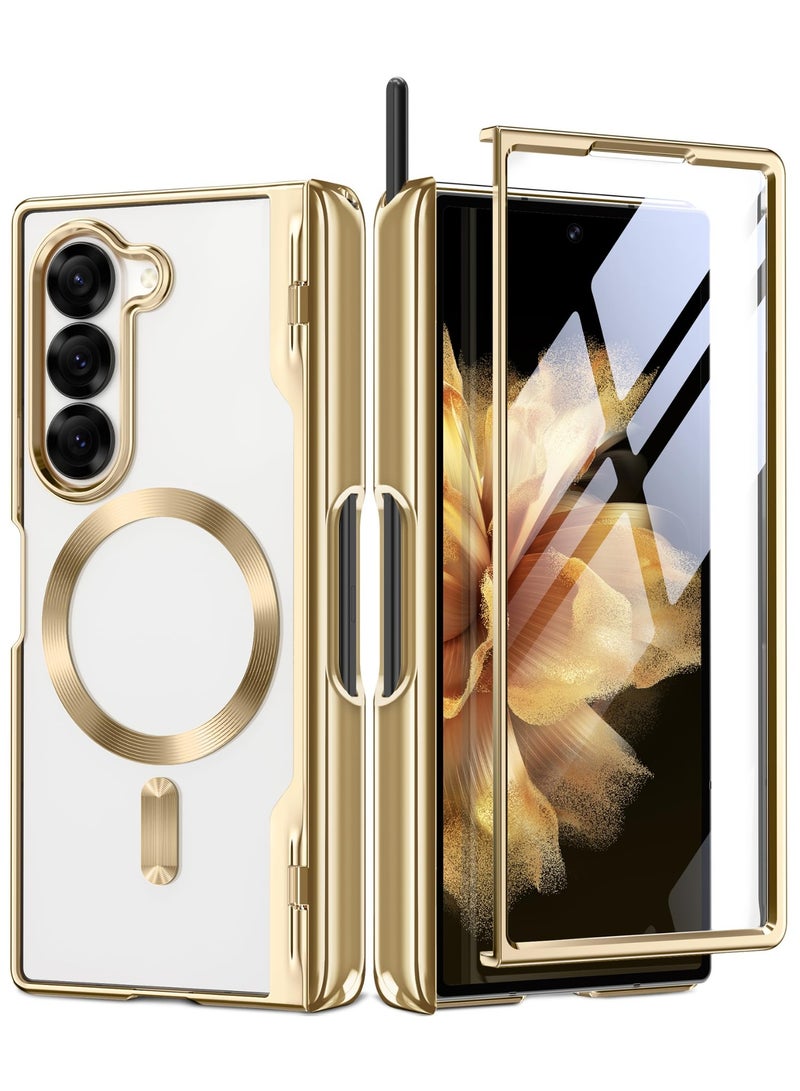 بيرفي جراب مغناطيسي مُحسّن لهاتف Z Fold 6 مع حامل قلم S، متوافق مع Magsafe، [واقي شاشة مدمج وحماية للمفصلة] جراب هاتف نحيف مطلي بالكامل لهاتف Samsung Galaxy Z Fold 6، ذهبي - Image 1