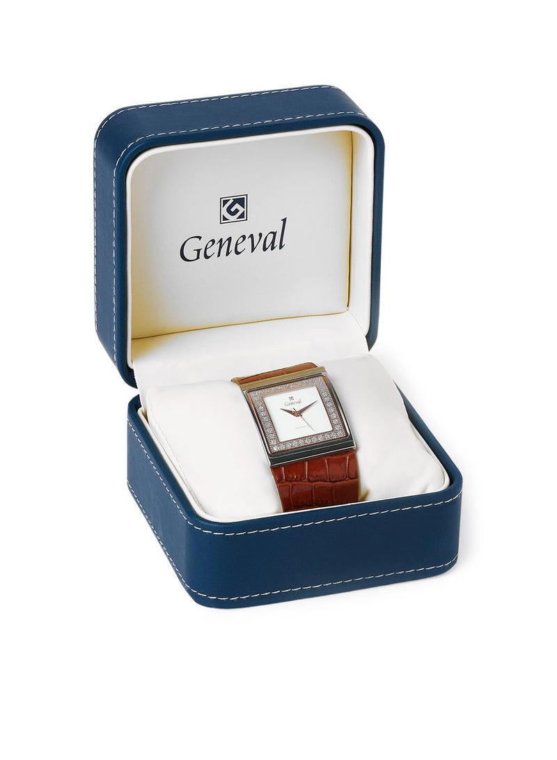GENEVAL ساعة يد تناظرية بحزام جلدي GLS044CRWL - 34 مم - بني فاتح - Image 5