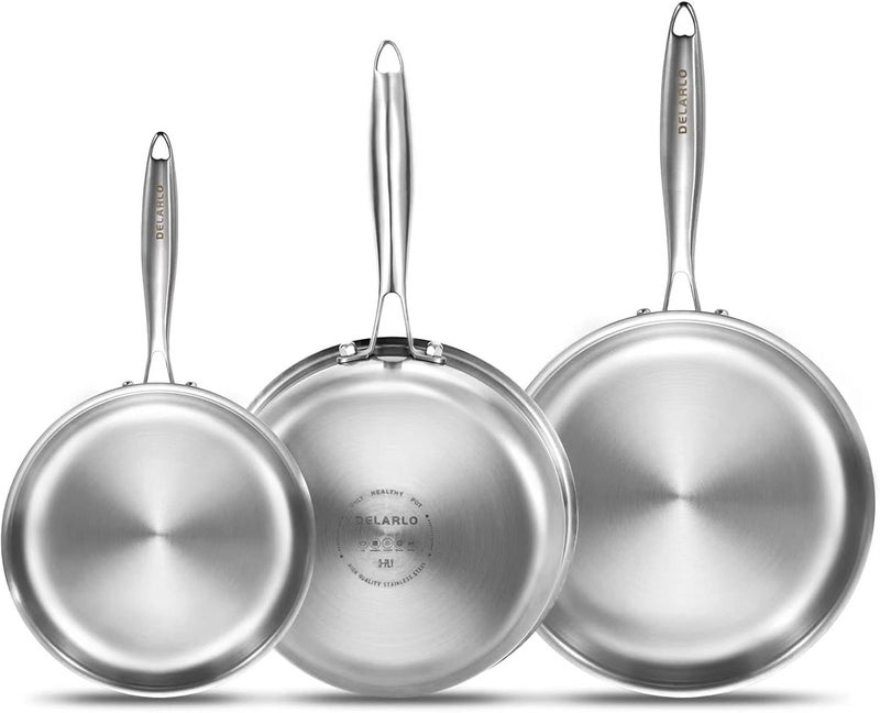 DELARLO Whole Body Tri-Ply Stainless Steel Frying Pan set, 8”/10”/12” Cooking pans, Kitchen Cookware Set, Fast Heating Chef's pan with Ergonomic Handles, Suitable for All Stove - Image 1