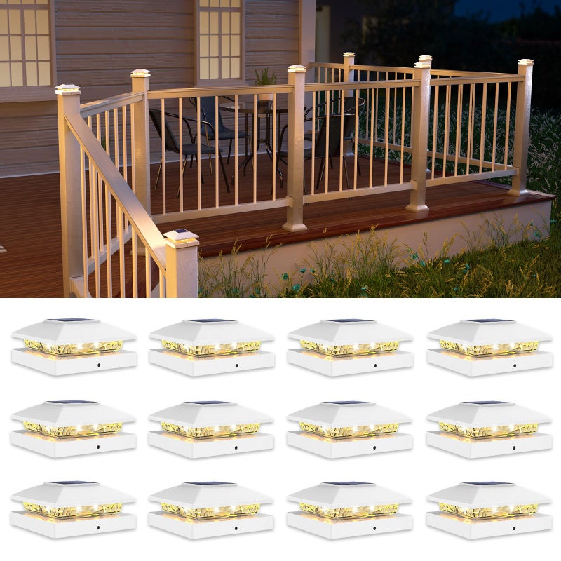 VOLISUN 4x4 Solar Post Cap Light 12pack,Solar Fence - Post Lights Outdoor Waterproof for Wooden/Vinyl Post,White Deck Post Cap Light Solar Powered with Warm White for Garden/Patio/Porch - Image 1