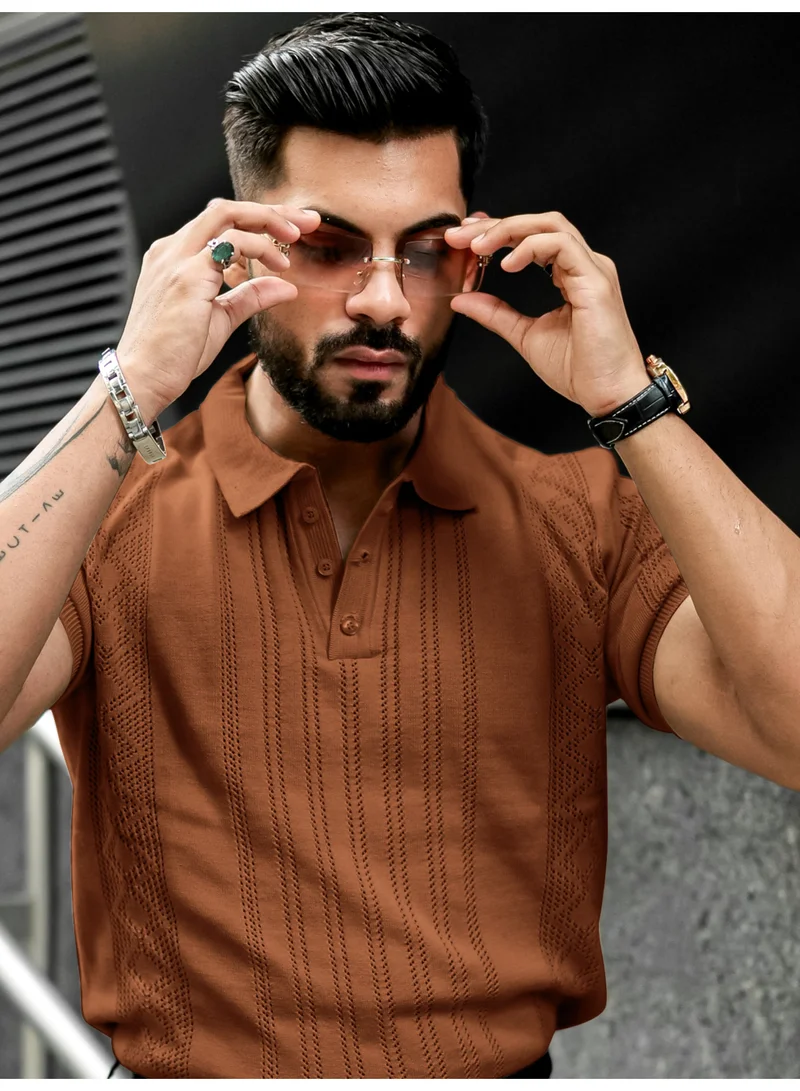 Maniac Maniac Mens Solid Textured Polo Neck Half Sleeve Brown Cotton T-Shirt