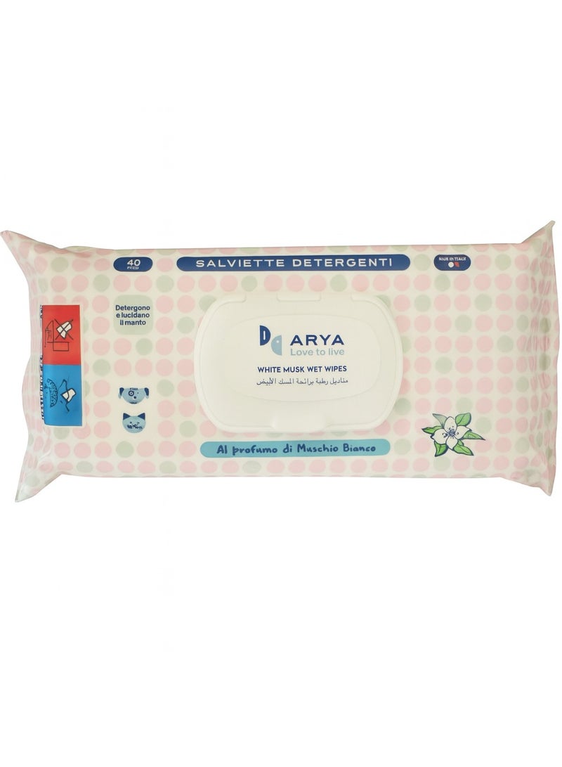 Aryaa Cat Wipes White Musk Scent - 40 Wipes - Italian Made Cat Wet Wipes