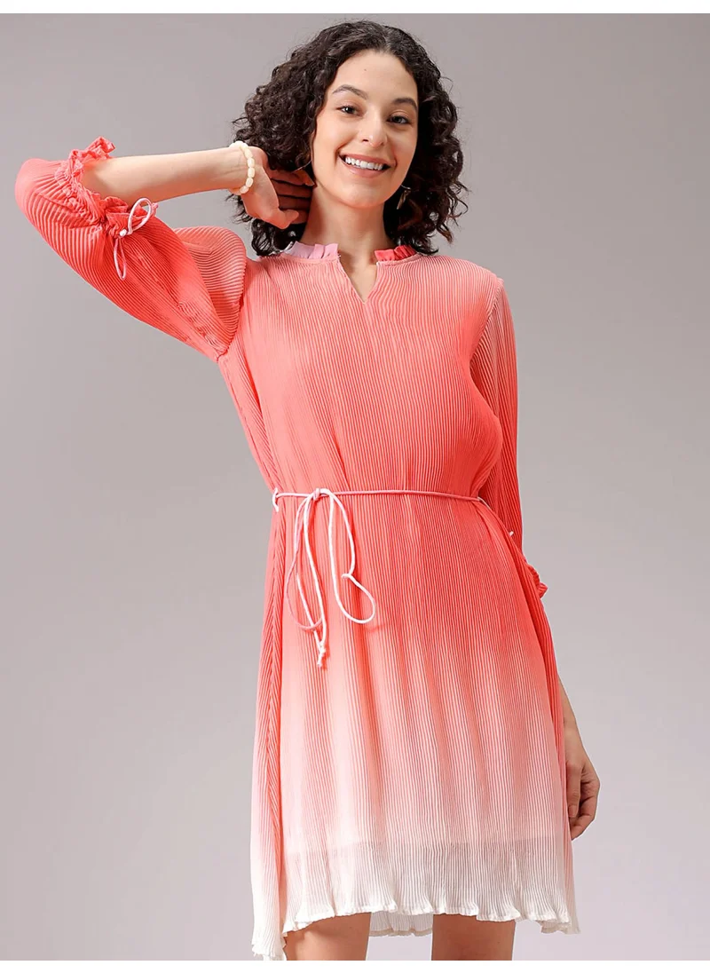 مرفوعة Women Casual Relaxed Ombre Plisse Round Neck Midi Length Pleated Dress