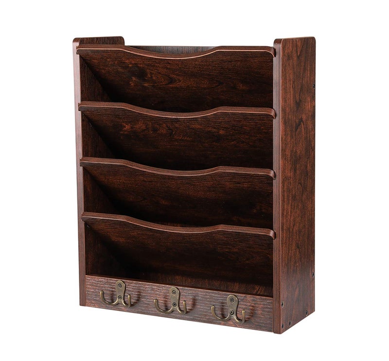 PAG 5Tier Wall File Holder Hanging Mail Organizer Wood Magazine Literature Rack with 6 Hooks Brown