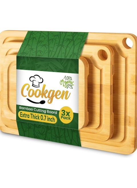 Bamboo Cutting Board Set of 3 With Juice Groove, Pre-Oiled, Large Handles, Hanging Hole