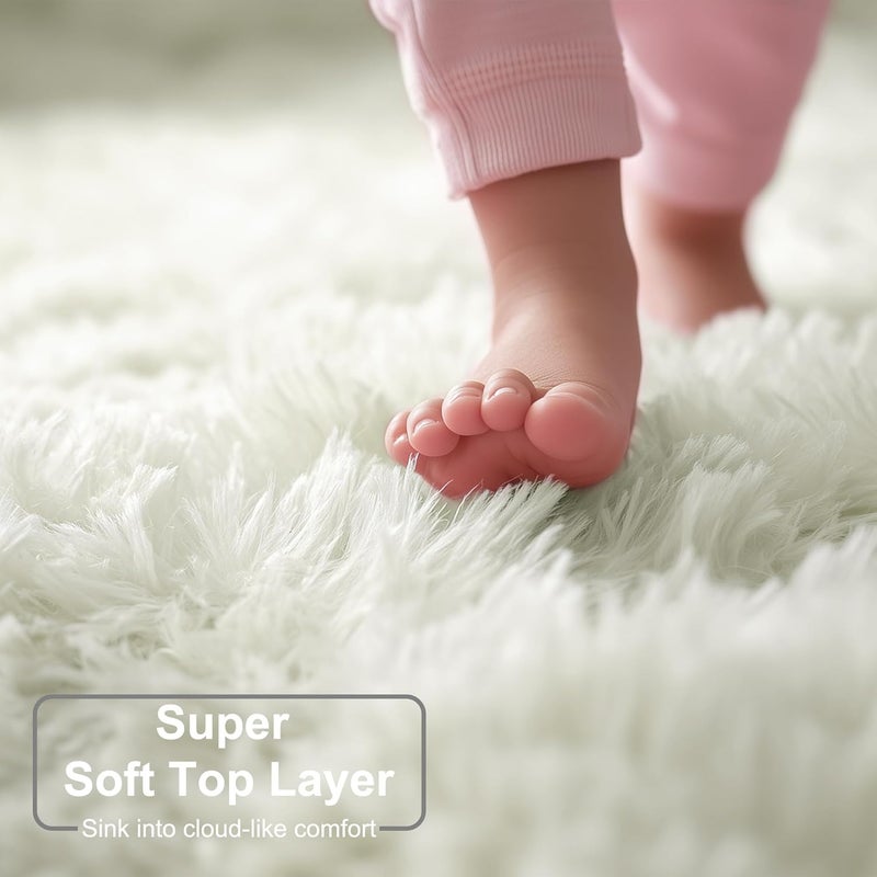 Amdrebio Ivory Round Rug for Bedroom,Fluffy Circle Rug 5'X5' for Kids Room,Furry Carpet for Teen's Room,Shaggy Circular Rug for Nursery Room,Fuzzy Plush Rug for Dorm,White Carpet,Cute Room Decor for Baby - Image 2
