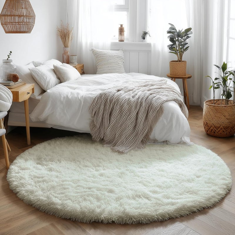 Amdrebio Ivory Round Rug for Bedroom,Fluffy Circle Rug 5'X5' for Kids Room,Furry Carpet for Teen's Room,Shaggy Circular Rug for Nursery Room,Fuzzy Plush Rug for Dorm,White Carpet,Cute Room Decor for Baby - Image 5