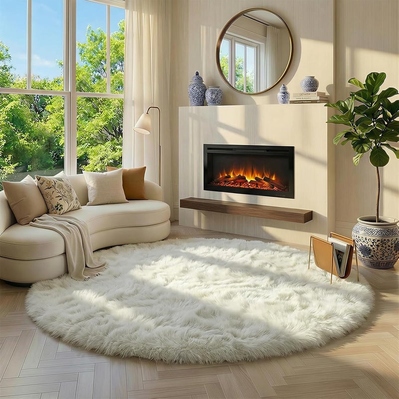 Amdrebio Ivory Round Rug for Bedroom,Fluffy Circle Rug 5'X5' for Kids Room,Furry Carpet for Teen's Room,Shaggy Circular Rug for Nursery Room,Fuzzy Plush Rug for Dorm,White Carpet,Cute Room Decor for Baby - Image 3