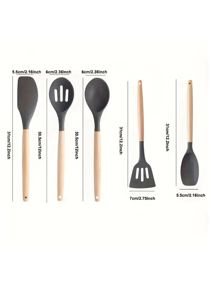 مجموعة أدوات المطبخ، 5 قطع من أدوات الطبخ المصنوعة من السيليكون غير اللاصقة بمقبض خشبي، مجموعة أدوات الطبخ وملعقة المطبخ، مقاومة للحرارة (أخضر فاتح) - Image 2