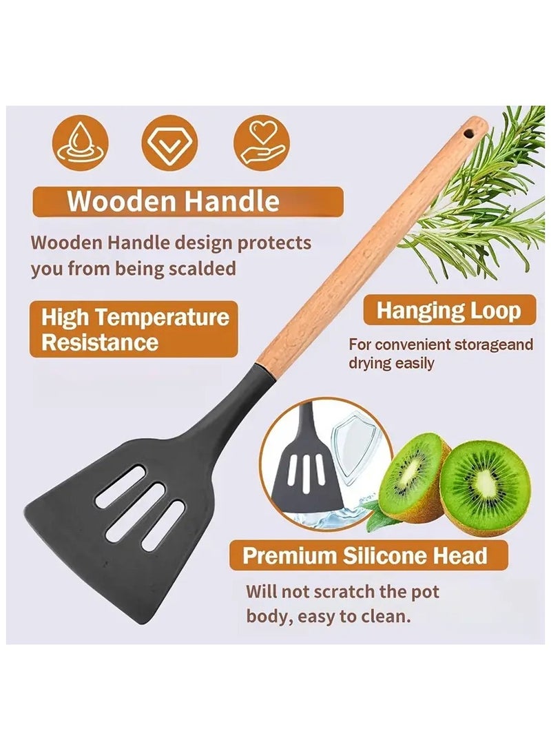مجموعة أدوات المطبخ، 5 قطع من أدوات الطبخ المصنوعة من السيليكون غير اللاصقة بمقبض خشبي، مجموعة أدوات الطبخ وملعقة المطبخ، مقاومة للحرارة (أخضر فاتح) - Image 3