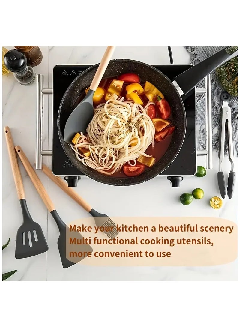 مجموعة أدوات المطبخ، 5 قطع من أدوات الطبخ المصنوعة من السيليكون غير اللاصقة بمقبض خشبي، مجموعة أدوات الطبخ وملعقة المطبخ، مقاومة للحرارة (أخضر فاتح) - Image 4