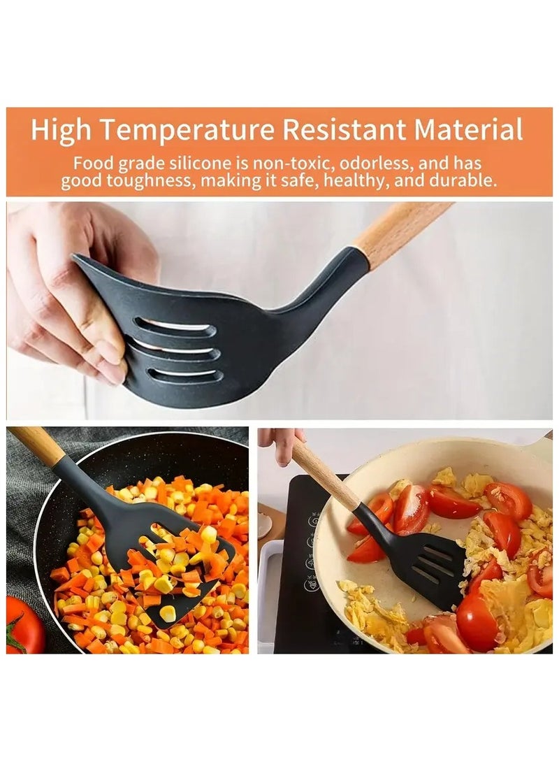 مجموعة أدوات المطبخ، 5 قطع من أدوات الطبخ المصنوعة من السيليكون غير اللاصقة بمقبض خشبي، مجموعة أدوات الطبخ وملعقة المطبخ، مقاومة للحرارة (أخضر فاتح) - Image 5