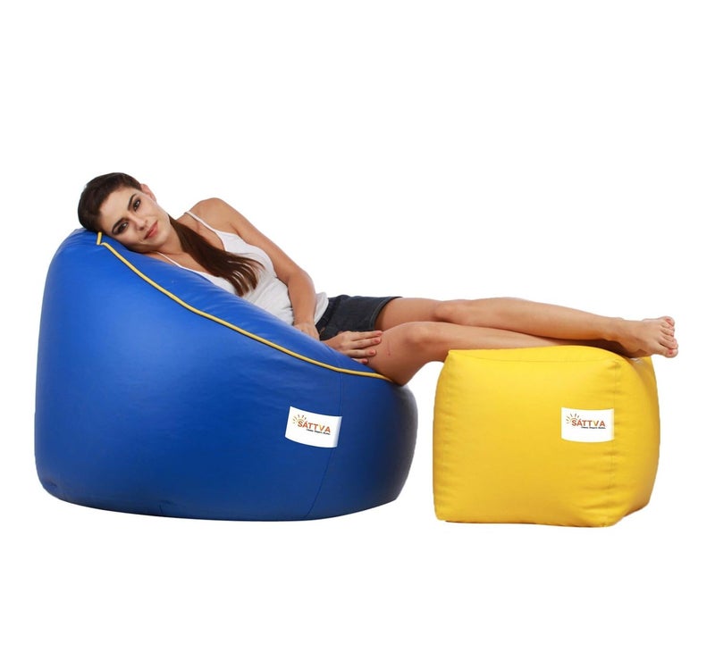 SATTVA Classy.Elegant.Stylish Sattva Combo Muddha Bean Bag Cover Royal Blue Yellow Piping and Square Footstool Cover Without Cover Yellow  - Image 2