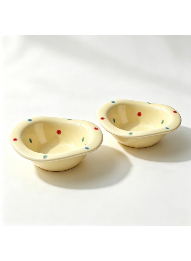Nailuck 2PCS Wavy Shaped Hand-Painted Polka Dot Ceramic Bowl, 180ml, High-Temperature Resistant, Perfect for Salad/Yogurt/Dessert/Soup, Home Kitchen Tableware - Image 1
