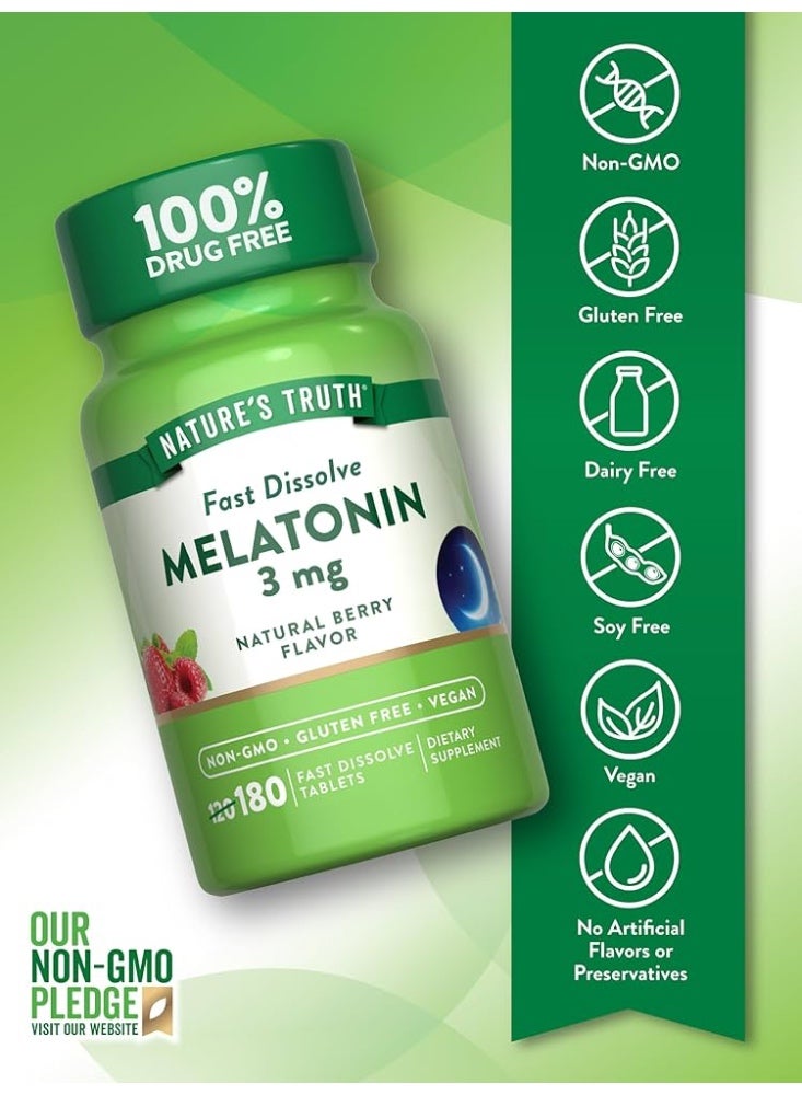 نايتشورز تروث أقراص ميلاتونين سريعة الذوبان من ناتشرز تروث، ٣ ملغ | ١٨٠ قرصًا | بنكهة التوت الطبيعية | مكمل غذائي نباتي، غير معدل وراثيًا، وخالي من الغلوتين - Image 3