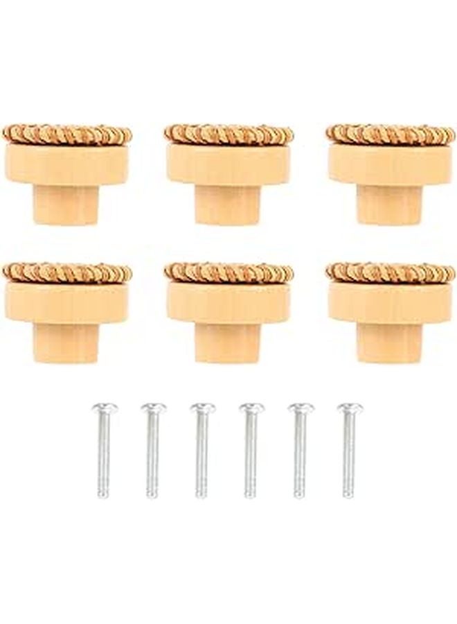 6Pcs Light Brown Bohemian Style Rattan Woven Wooden Drawer Knobs Cabinet Door Pull Handles - Image 1